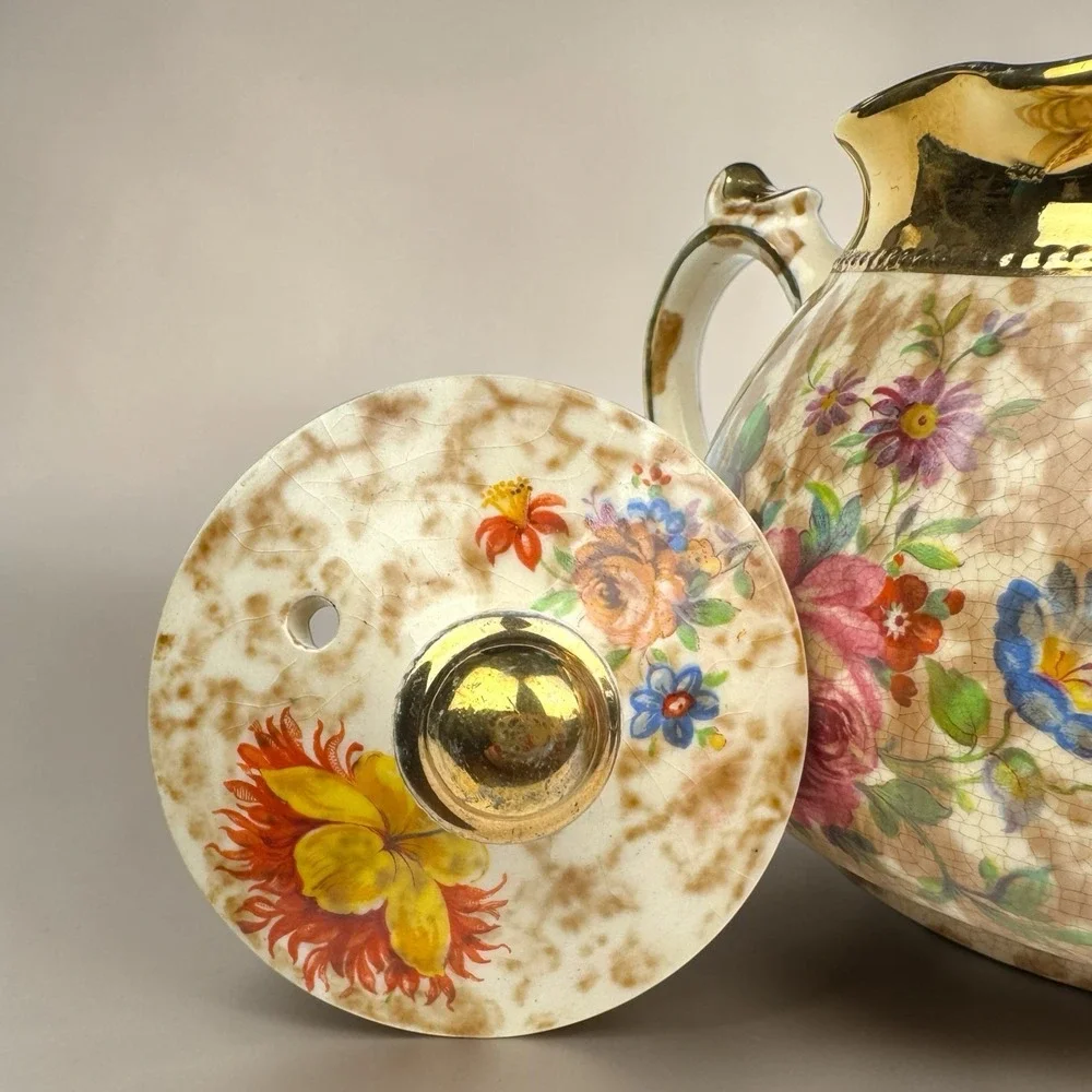 Arthur Wood Staffordshire England Teapot 3726 Gilt Gold Brown Sponge‎ Floral